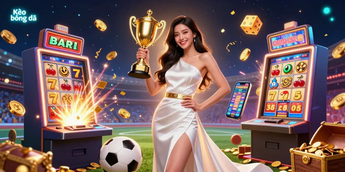 Kèo bóng đá champion celebrating with a trophy in a vibrant sports betting scene packed with exciting game elements.