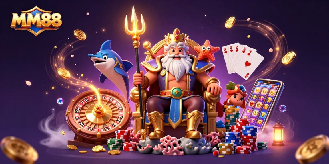 Win amazing bonuses playing MM88 with a 3D underwater casino scene featuring Neptune and treasures.