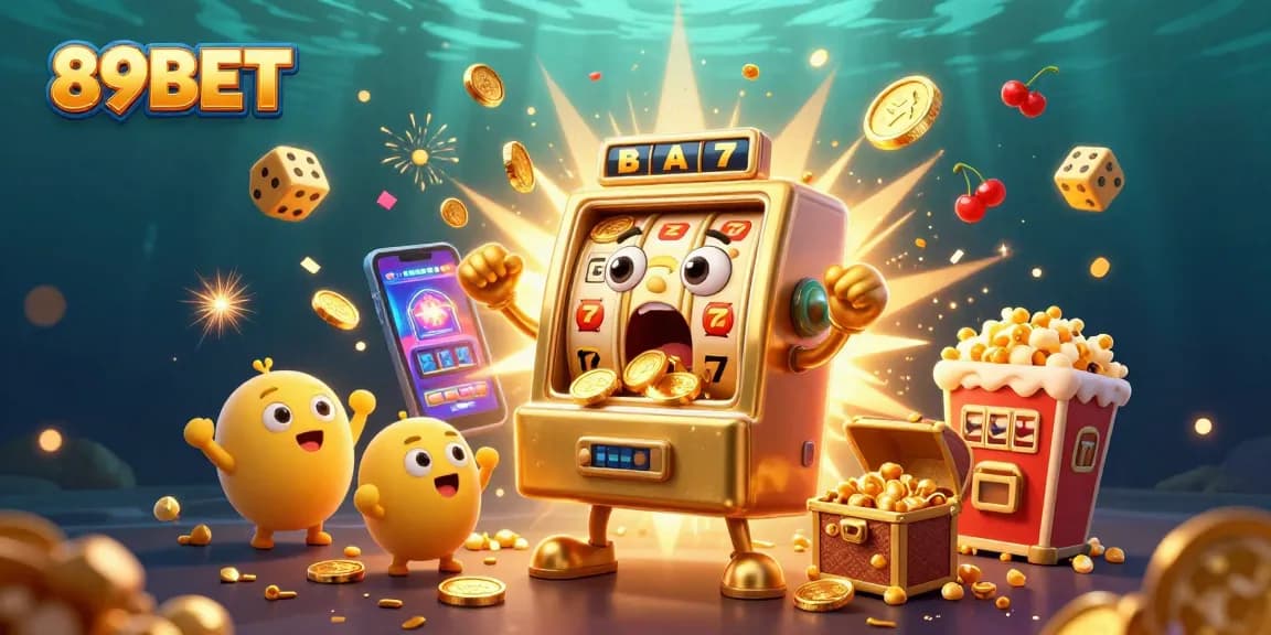 Experience the excitement of 89BET with a stunning jackpot scene featuring colorful slot machines and gold coins.
