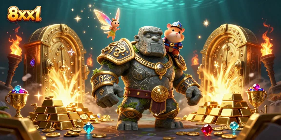 Win big with 8xx1's dynamic casino illustration featuring treasure vaults and magical guardians.