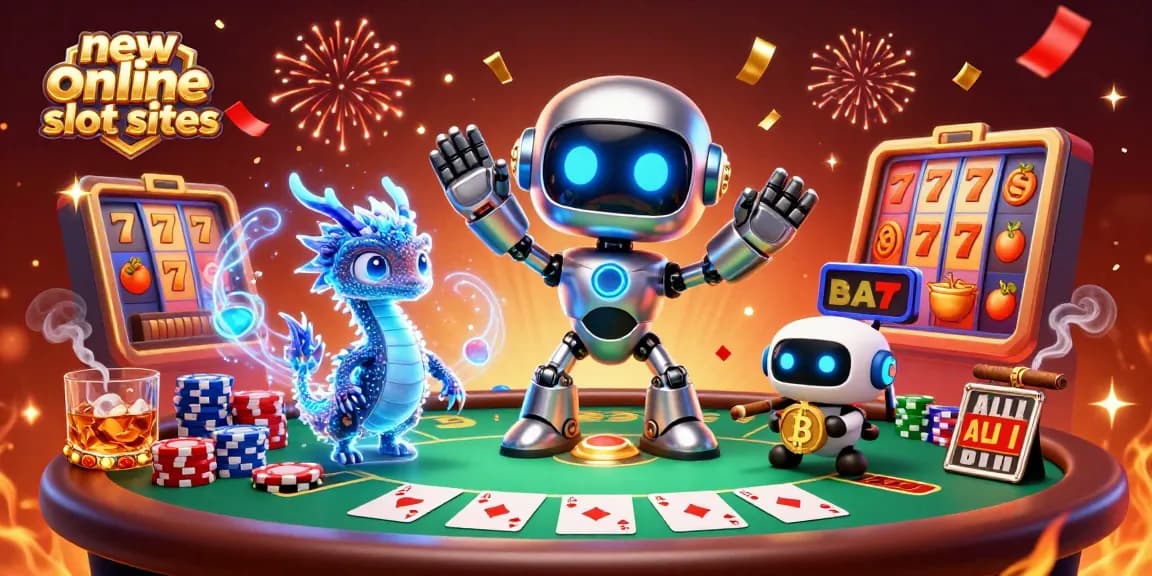 Engage with new online slot sites featuring a vivid 3D scene of a cyberpunk robot, dragon, and bitcoin drone.