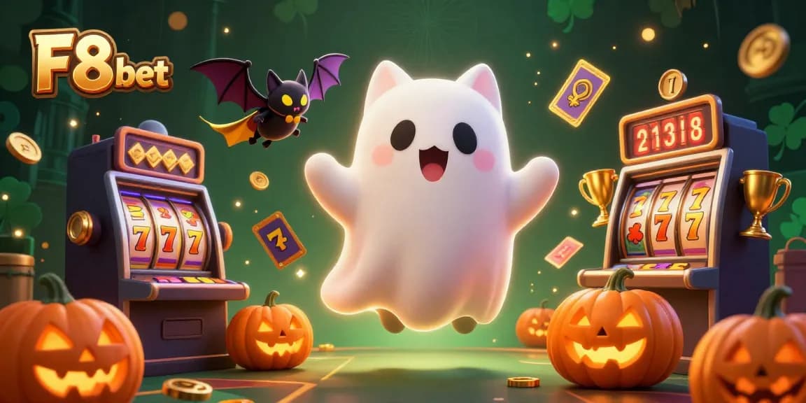 Win big at F8 bet with a friendly ghost cat and vampire bat in a haunted casino scene.
