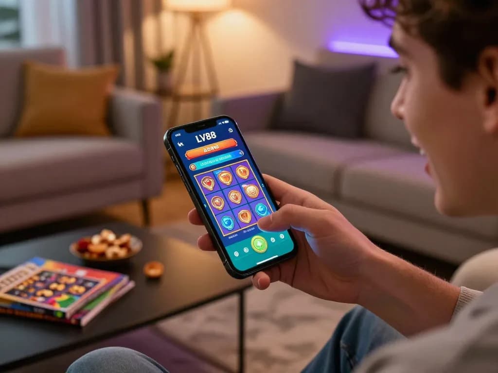 Player engaging with LV88 app for online gaming in a cozy home environment.