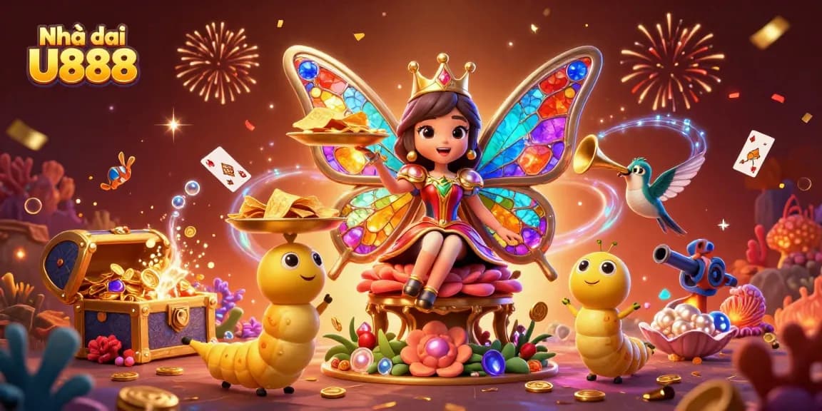 Engage with Nhà cái U888 featuring a butterfly queen and treasure in a vibrant casino scene