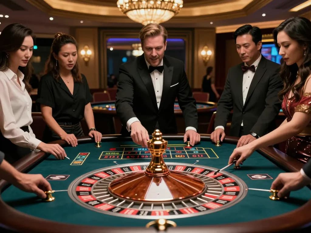 Engaged players at roulette table during an exciting game at tg887 casino, showcasing vibrant atmosphere and strategic gaming