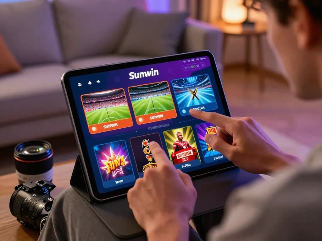 Exciting Sunwin betting experience on a modern tablet in stylish living room.