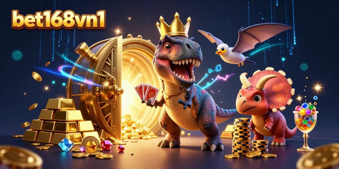 Experience thrilling wins at bet168vn1 with a dynamic scene of casino characters and golden treasures.