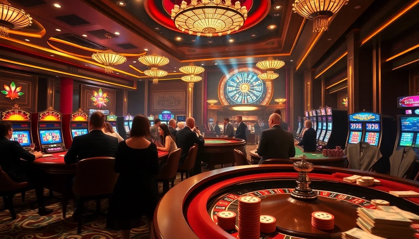 Players enjoying a high-stakes poker game at tylenhacai7.com casino, complete with vibrant chips and cash.