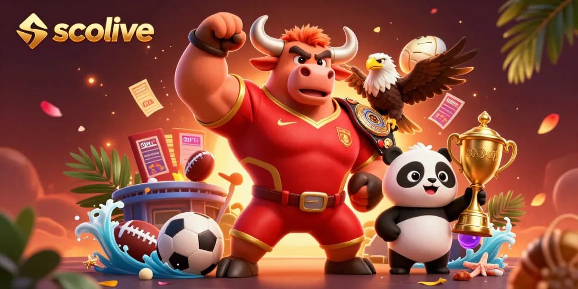 Socolive showcases a vibrant sports betting scene with a cheerful panda, eagle, and bull celebrating around dynamic game elements.