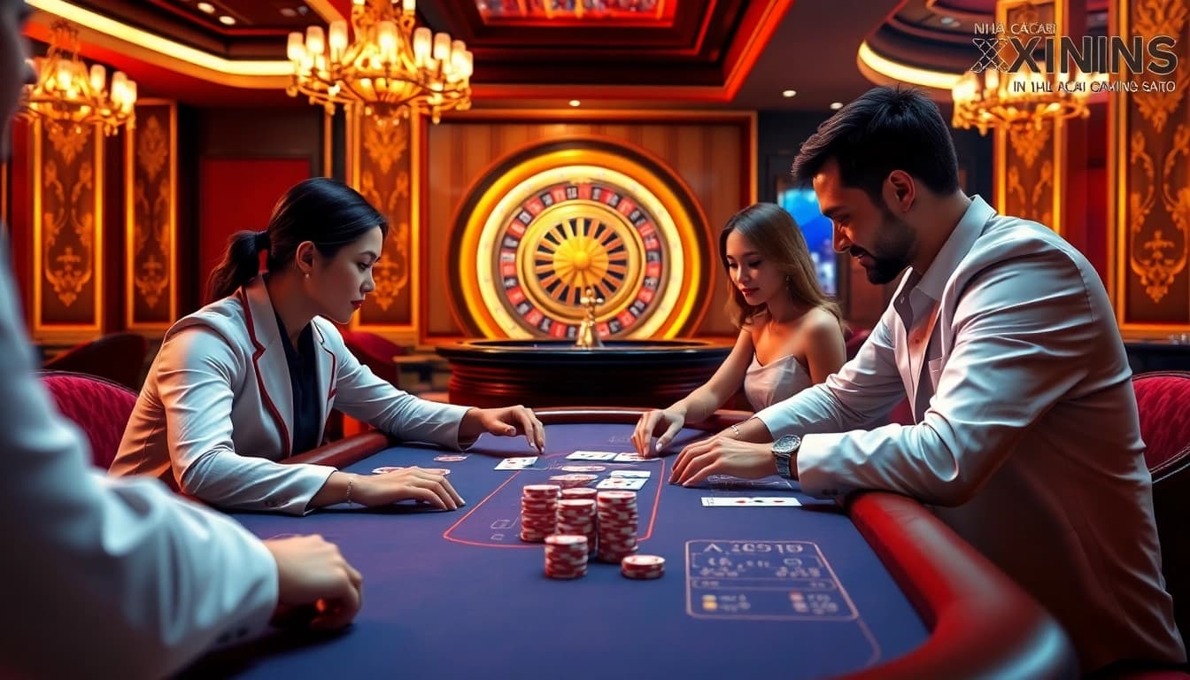 Experience the thrill of gambling at Nhà Cái XIN88 with an exciting poker scene featuring luxury casino details.