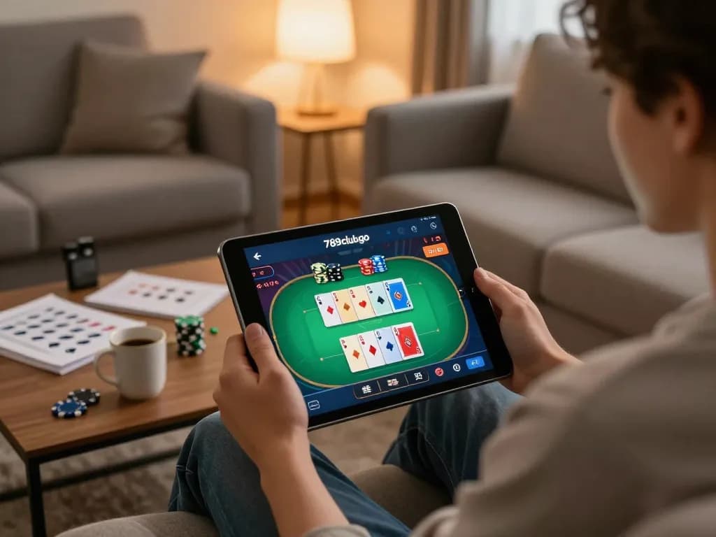 Engaging in online poker at 789clubgo through a tablet in a cozy home setting.