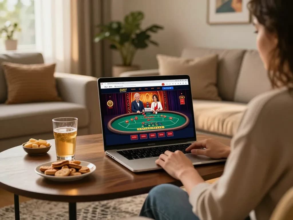 Engaging with the lc88 online casino interface in a cozy home setting, highlighting personalized gaming experience.