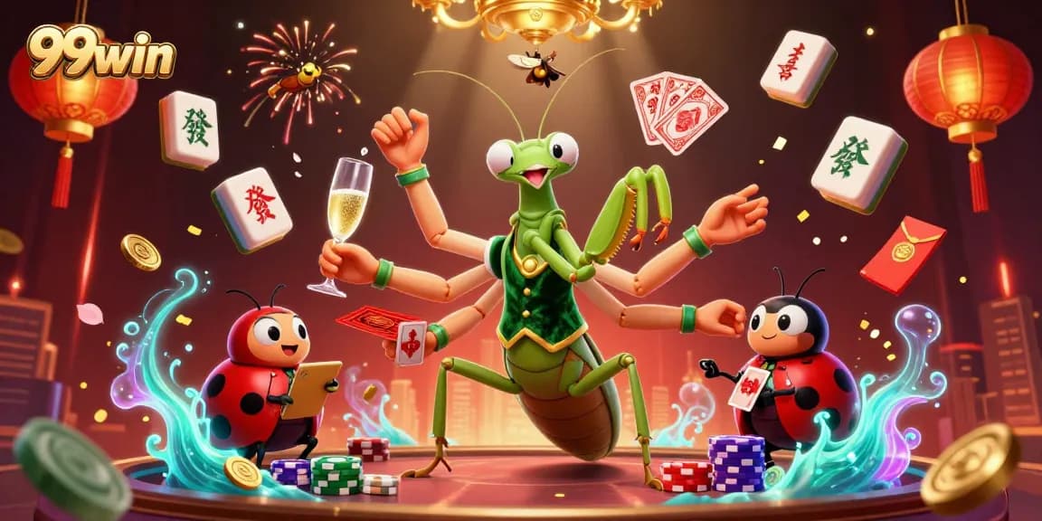 Explore exciting gambling themes with 99win in this dynamic cartoon illustration.