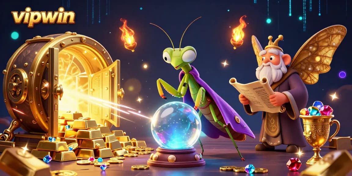 Experience thrilling moments at vipwin, engaging with animated characters and treasures in a vibrant casino scene.