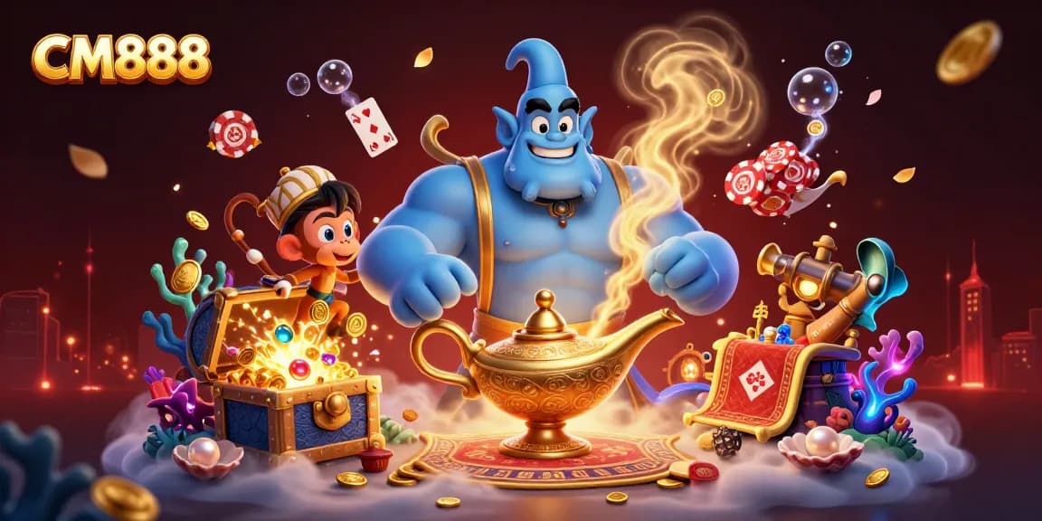 Experience CM888's casino magic with a genie, monkey, and poker chips in an immersive 3D scene.