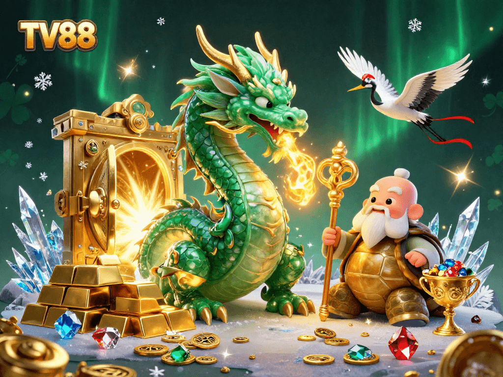 Immerse in the TV88 gaming universe with a vibrant dragon, sage, and lucky cranes amidst treasures.