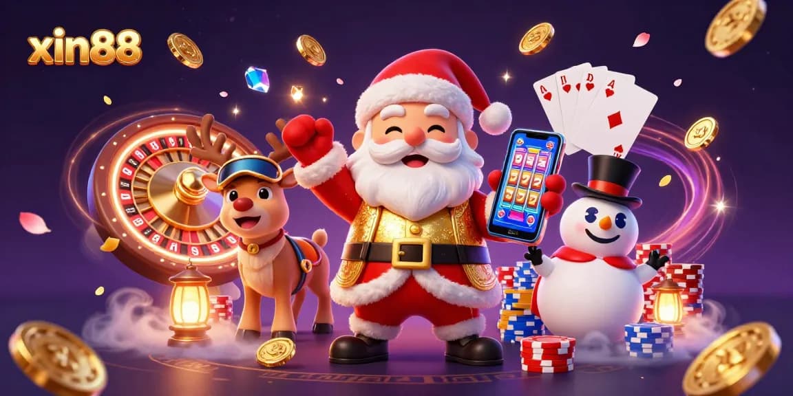 Experience the thrill of xin88 with a vibrant illustration of a casino scene featuring Santa and friends.