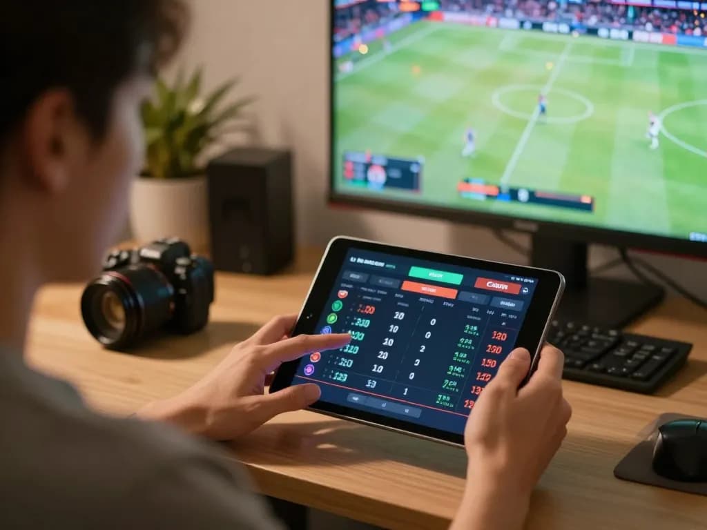 Engaging in strategic online betting with Link đăng ký lucky88 interface on a tablet in a cozy home office.