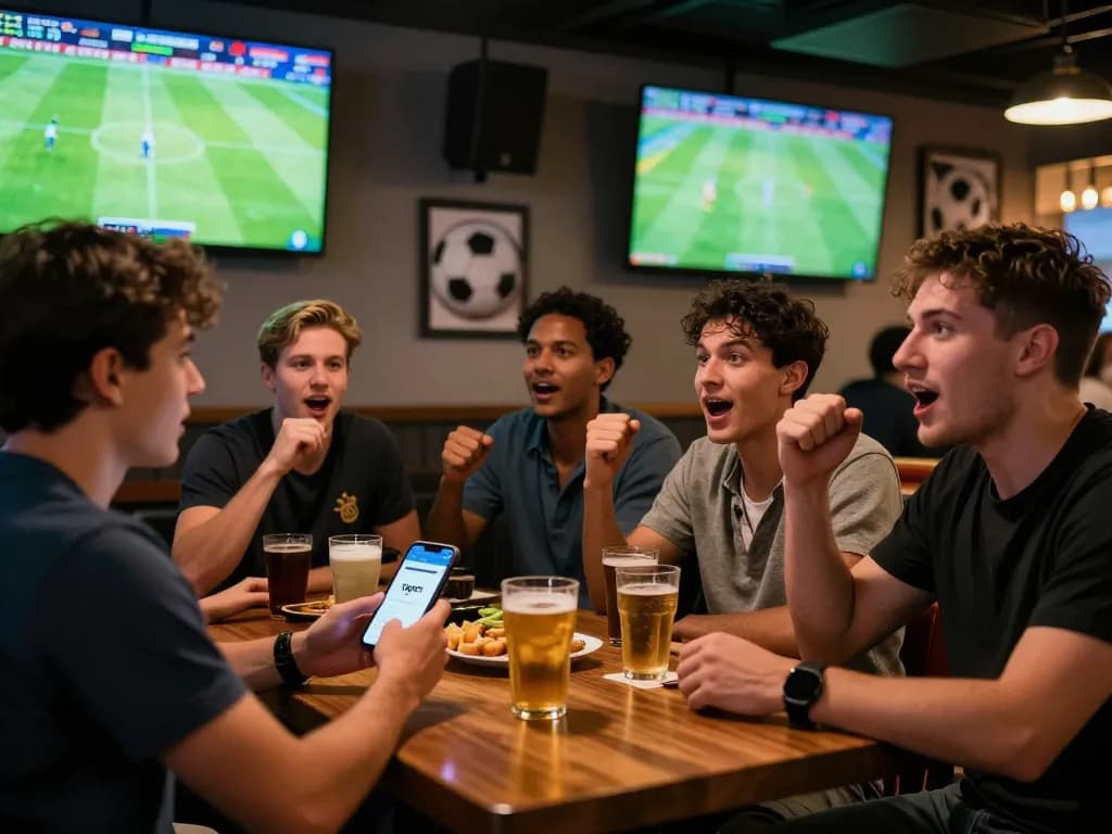 Friends enjoying live football match in a sports bar, checking 1gom betting odds, vibrant atmosphere.