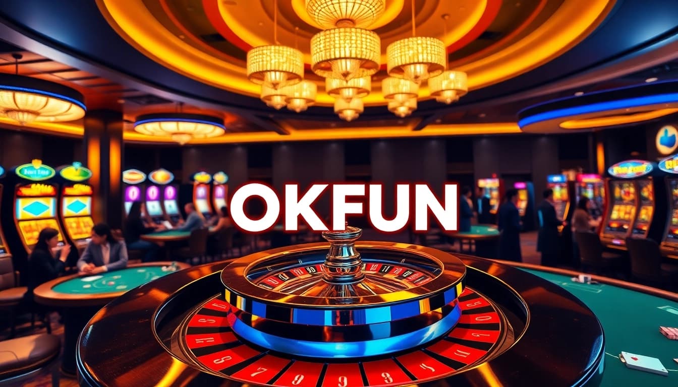 OKFUN logo featured on a luxurious roulette wheel in a lively casino scene with excited players.