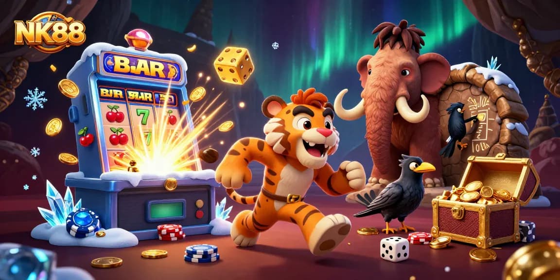 Experience thrilling slots with NK88 while a caveman duo runs a prehistoric casino.