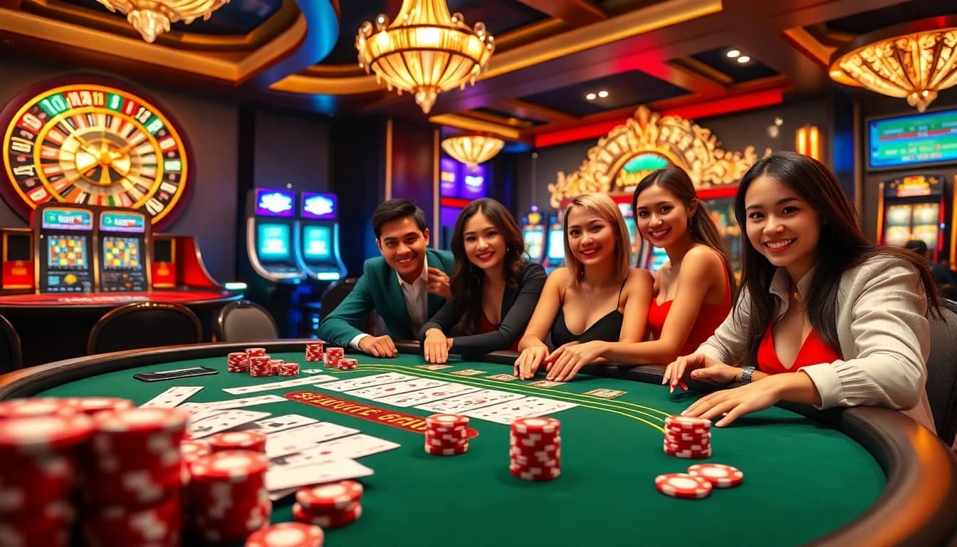 SAY88 players enjoying a high-stakes poker game at an elite casino table with vibrant lights.