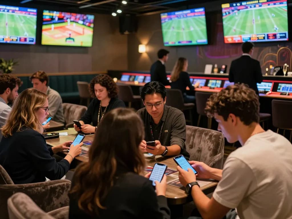 88vv bettors placing wagers in an upscale sports betting lounge with vibrant live event displays