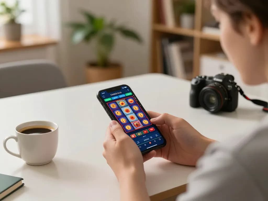 Player engaging with nhà cái 11 bet through a mobile app, showcasing vibrant slot game interface in a cozy home setting.
