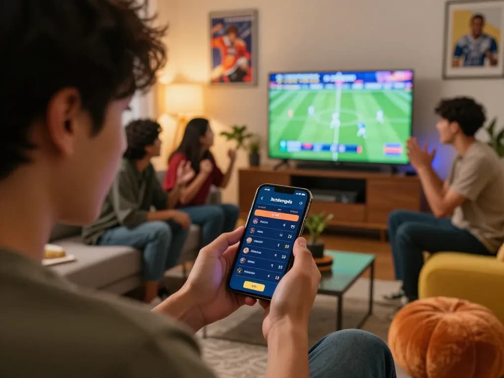 Betting with the keobongda app, capturing an engaging sports betting moment in a modern living room with friends.