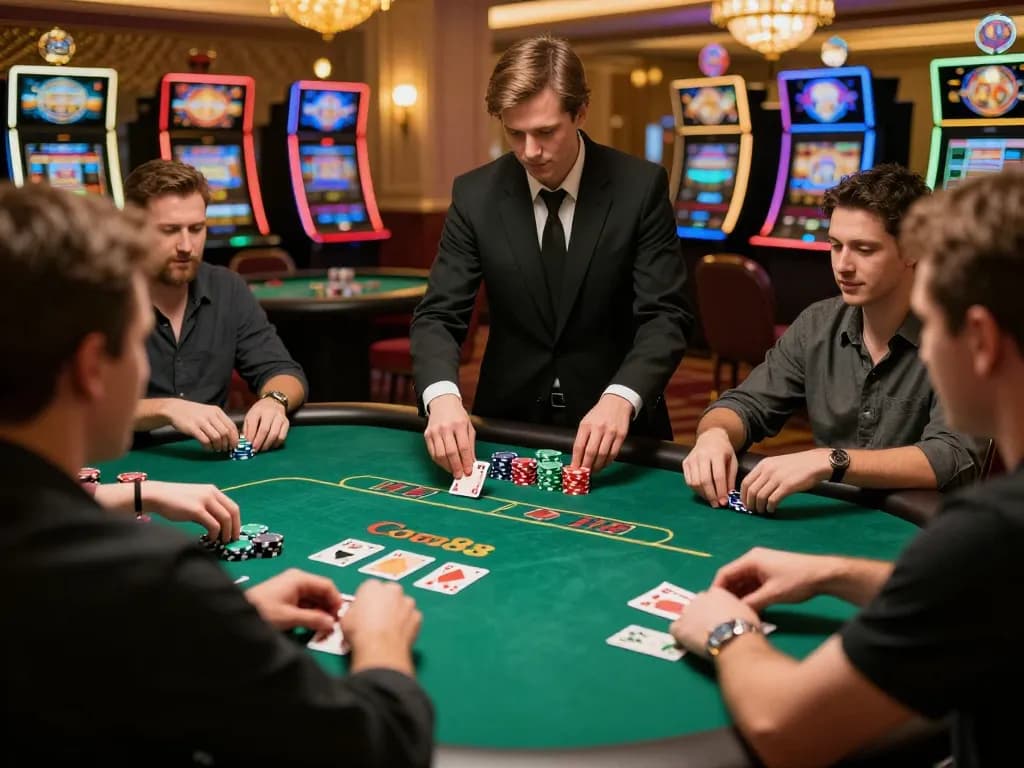 Good88 players engaging in an exhilarating poker game at a luxurious casino table