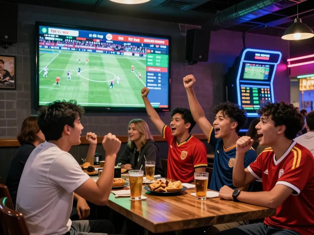 A lively sports bar environment with fans closely watching tỷ lệ kèo on large screens and engaging in real-time betting.