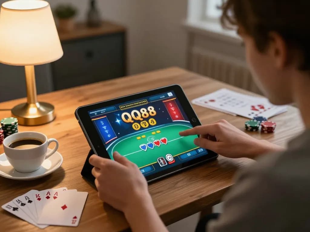 Engaging user playing QQ88 poker on tablet, warm cozy home lighting highlighting strategic gameplay
