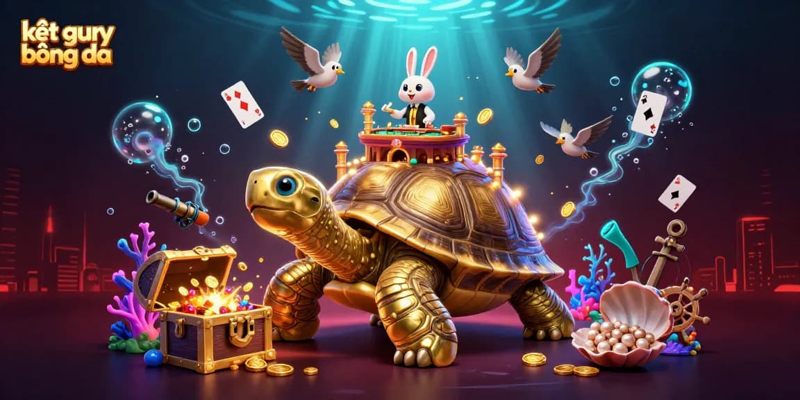 Experience kết quả bóng đá excitement with this vibrant casino scene featuring a giant tortoise and rabbit dealer surrounded by coins.