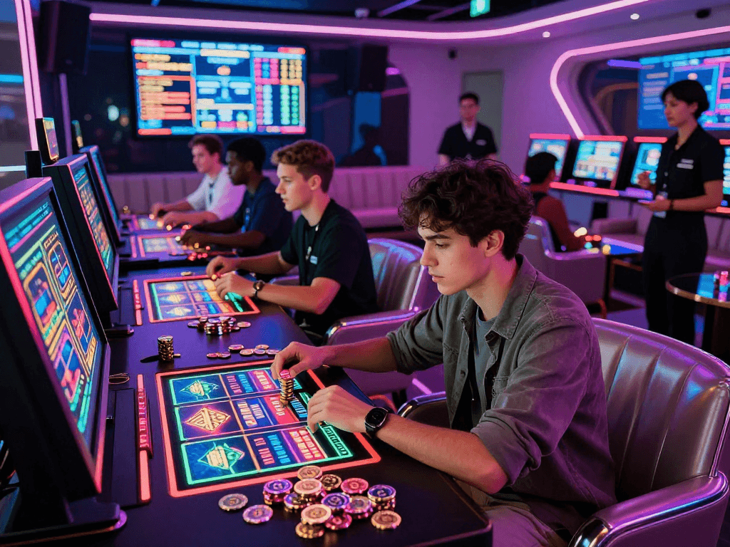 Exciting crypto casino atmosphere featuring diverse players engaging with digital slots and vibrant crypto tokens.