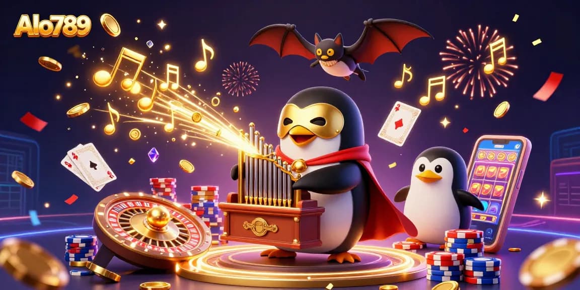 Alo789 captivates as a phantom opera penguin brings luck with golden coins and casino magic.