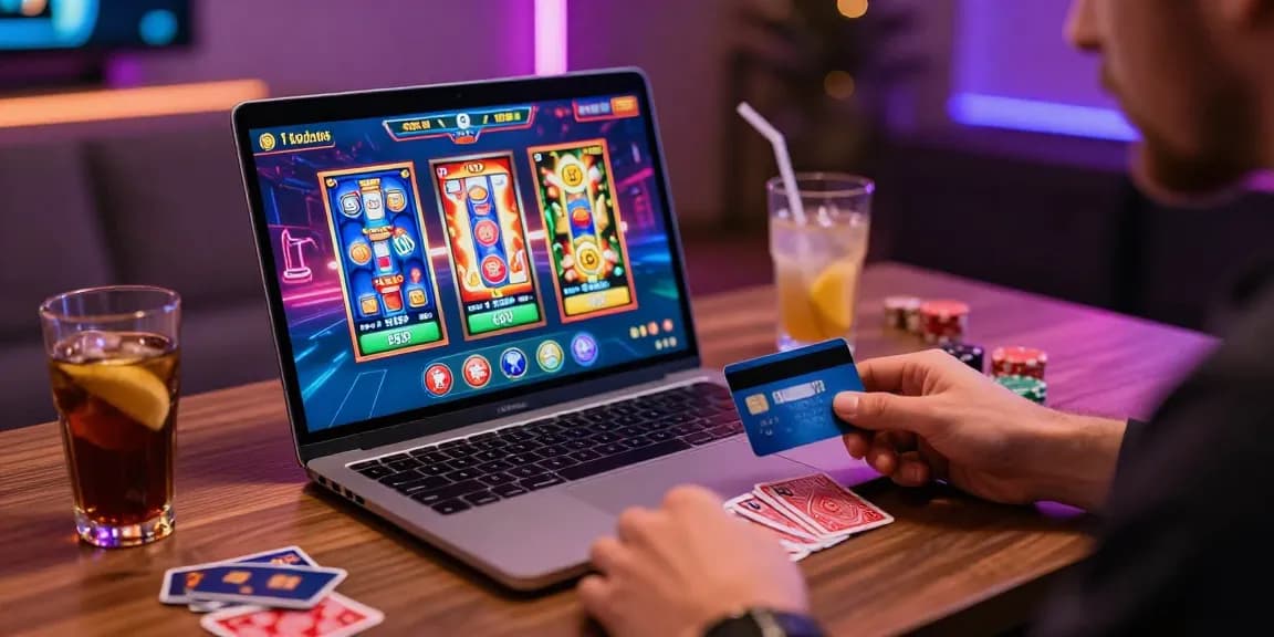 Engaged player at credit card casinos enjoying games on a laptop in a vibrant gaming room.