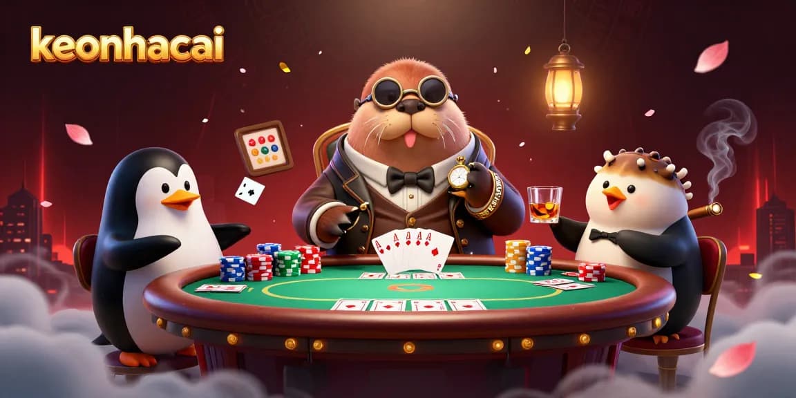 keonhacai themed poker illustration with a walrus, penguin dealer, and bluffing pufferfish.