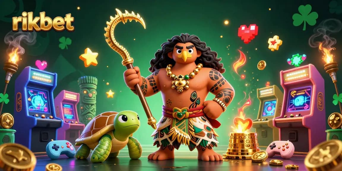 Engage with rikbet's thrilling casino adventure featuring interactive gaming icons and vibrant characters.