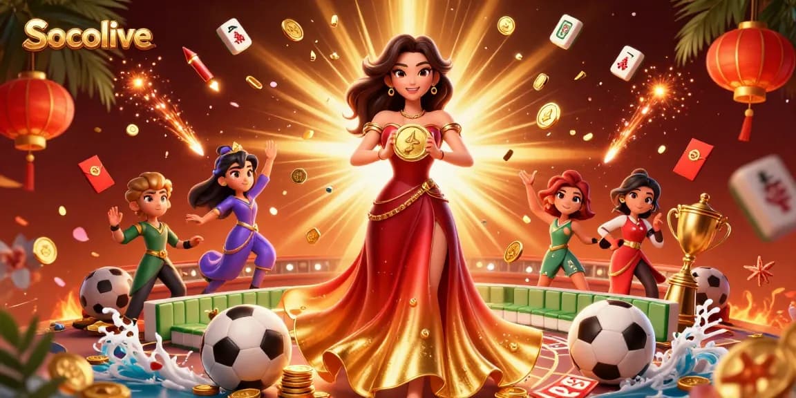Socolive showcases live sports betting excitement with vibrant, dynamic characters and gold elements.