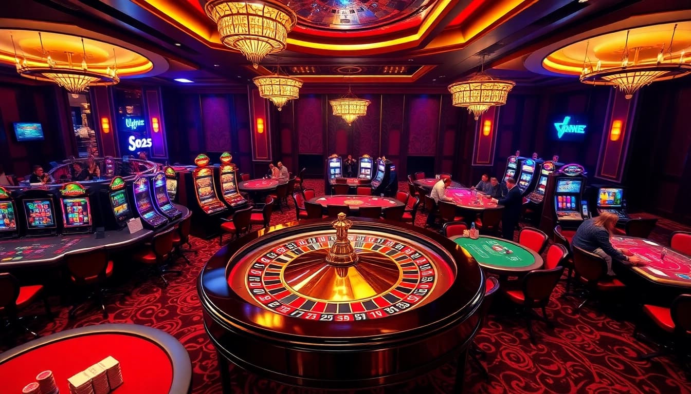 Engage with exciting casino games at https://8xx.golf/, featuring a vibrant roulette wheel and bustling players.