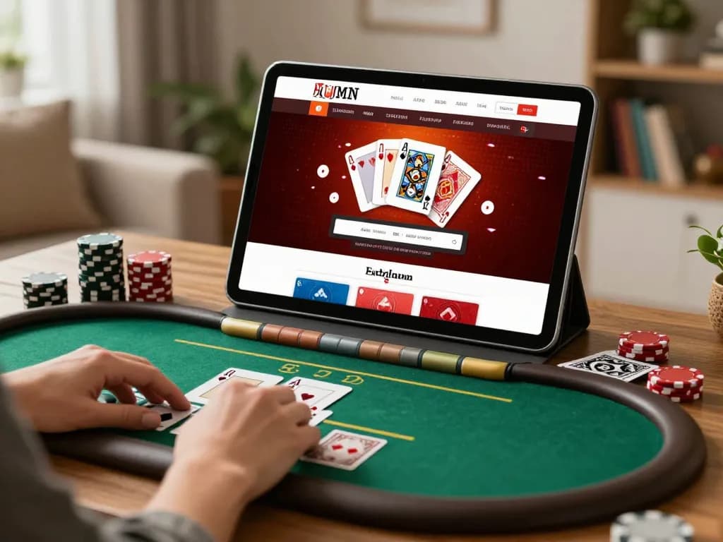 Player enjoying LV88 poker game online with tablet in stylish home setting.