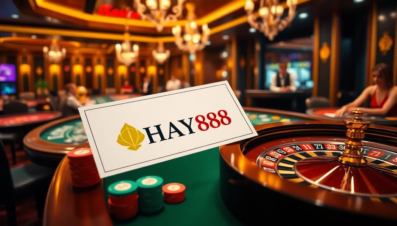 HAY88 gamblers enjoying a thrilling game at a luxurious casino with vibrant poker chips.