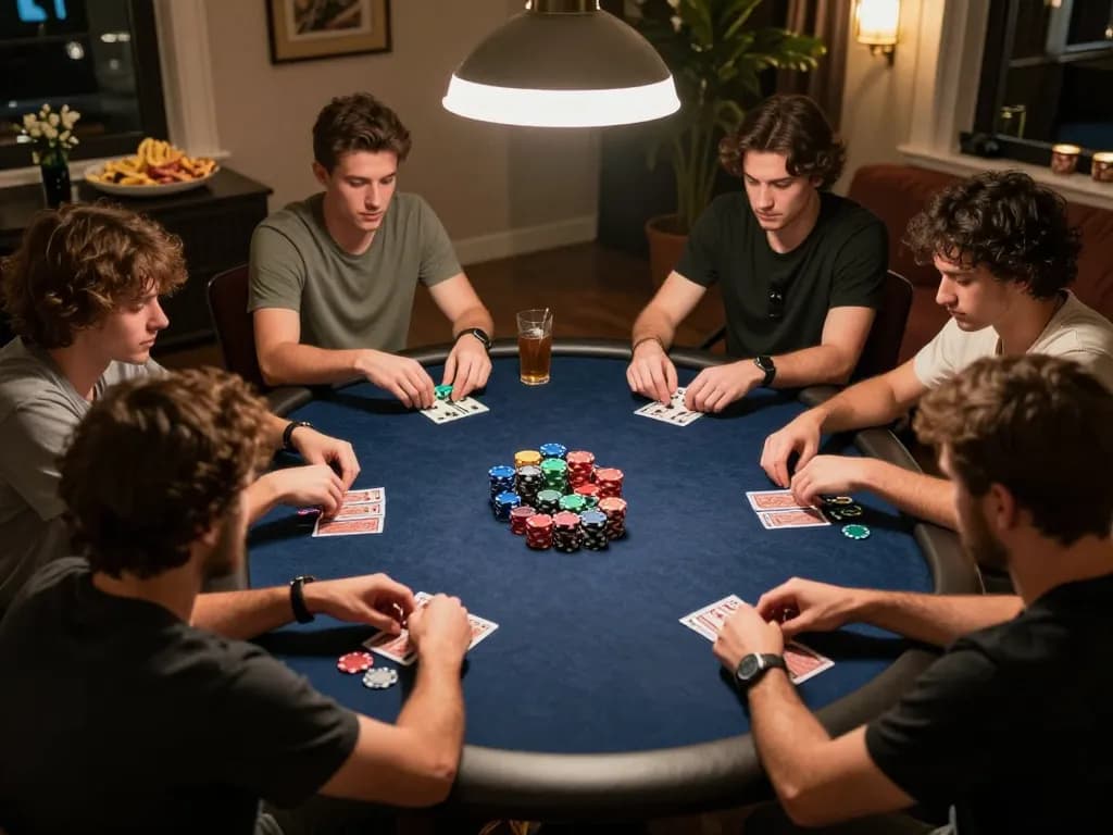 Engaging home poker night scene as friends enjoy gameplay while using 789win đăng ký for online betting.