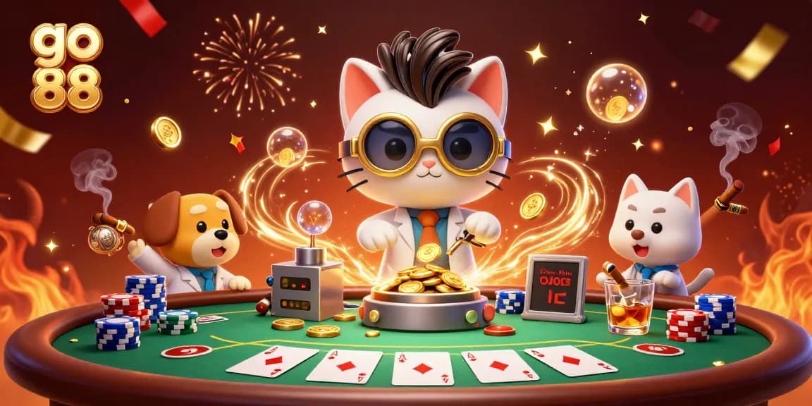 Experience the thrill of go 88 as vibrant gaming elements surround a whimsical lab scene of creativity and fortune-making.