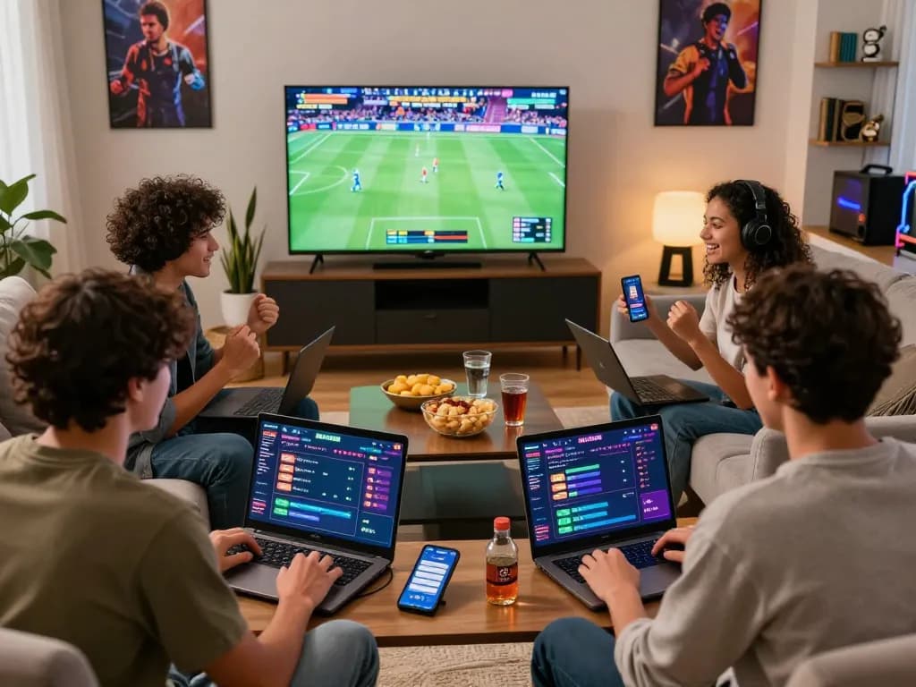 Group of friends enjoying online betting on bk8 in a lively living room.