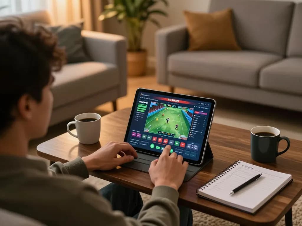 Socolive user engaging in online sports betting on a tablet in a cozy living room