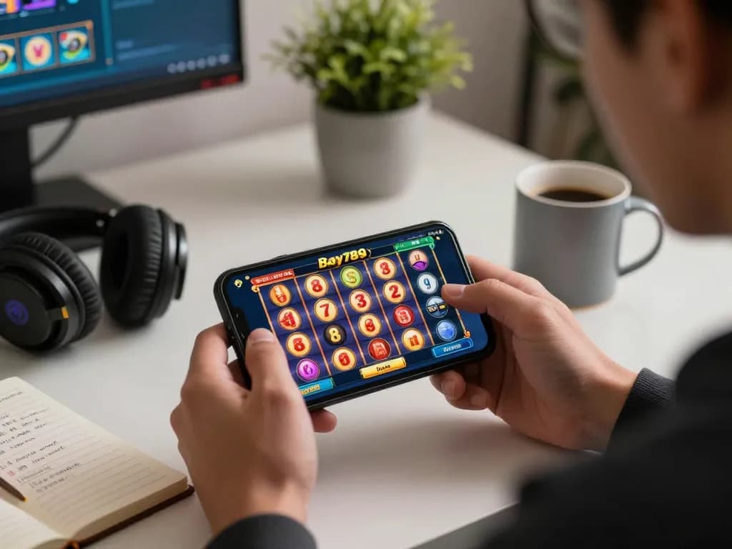 Player enjoying Bay789 casino app on smartphone displaying vibrant slot reels