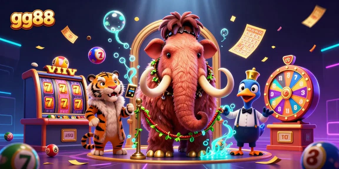 gg88 interactive casino scene featuring a woolly mammoth, saber-tooth, and dodo in vibrant gaming elements