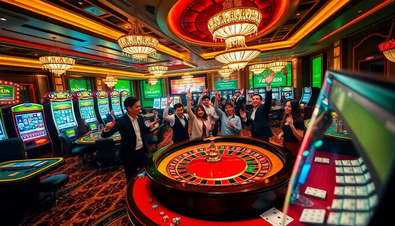 Excited players celebrating wins at 78WIN's luxurious casino tables filled with poker chips and cards.