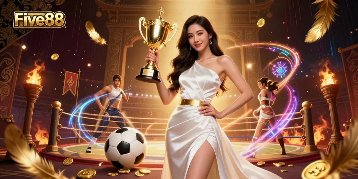 Five88 celebrates victories in sports betting with a luxurious trophy amidst dynamic casino elements.